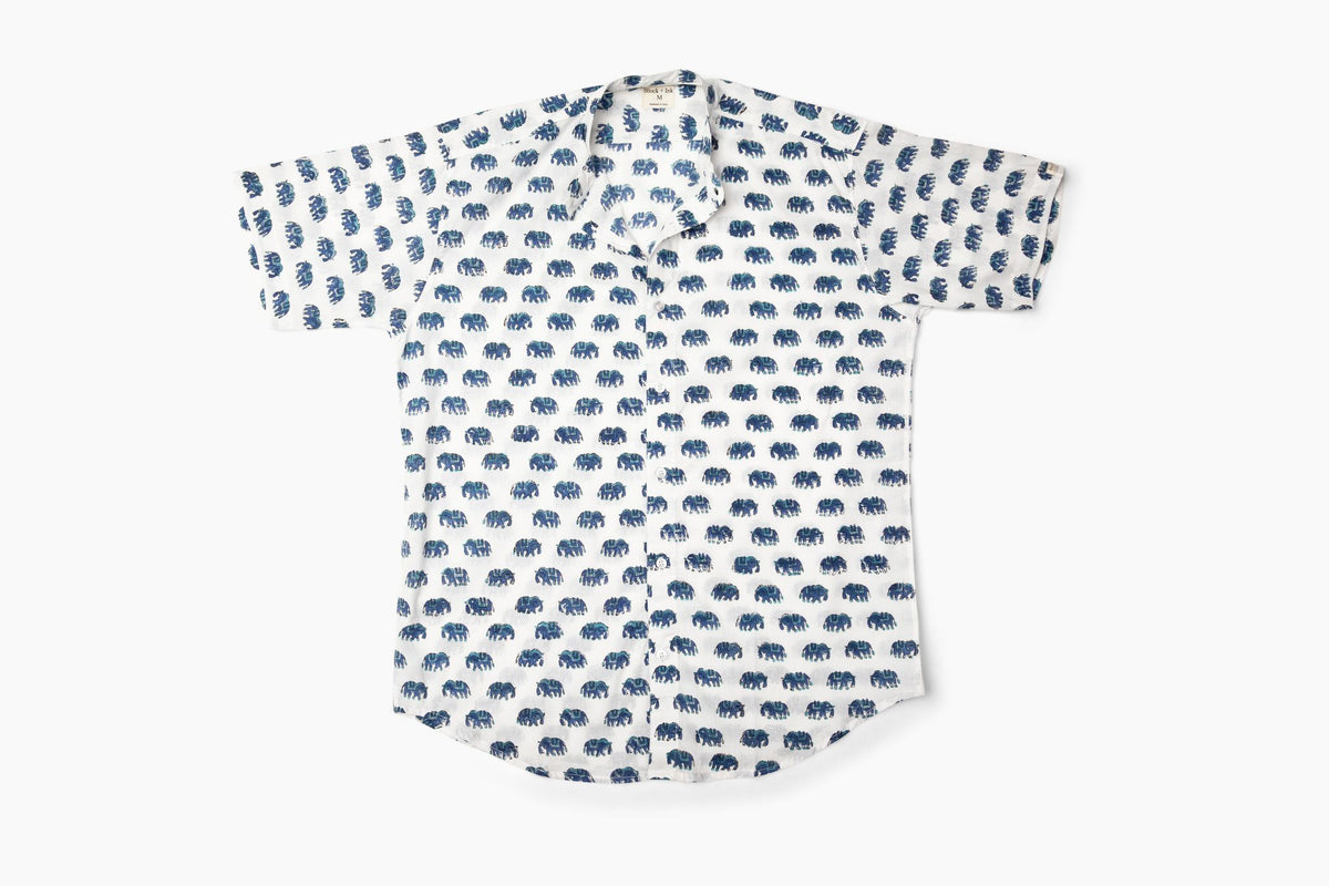 Buy A Blue Elephant Print Mandarin Collar Shirt | Block + Ink S