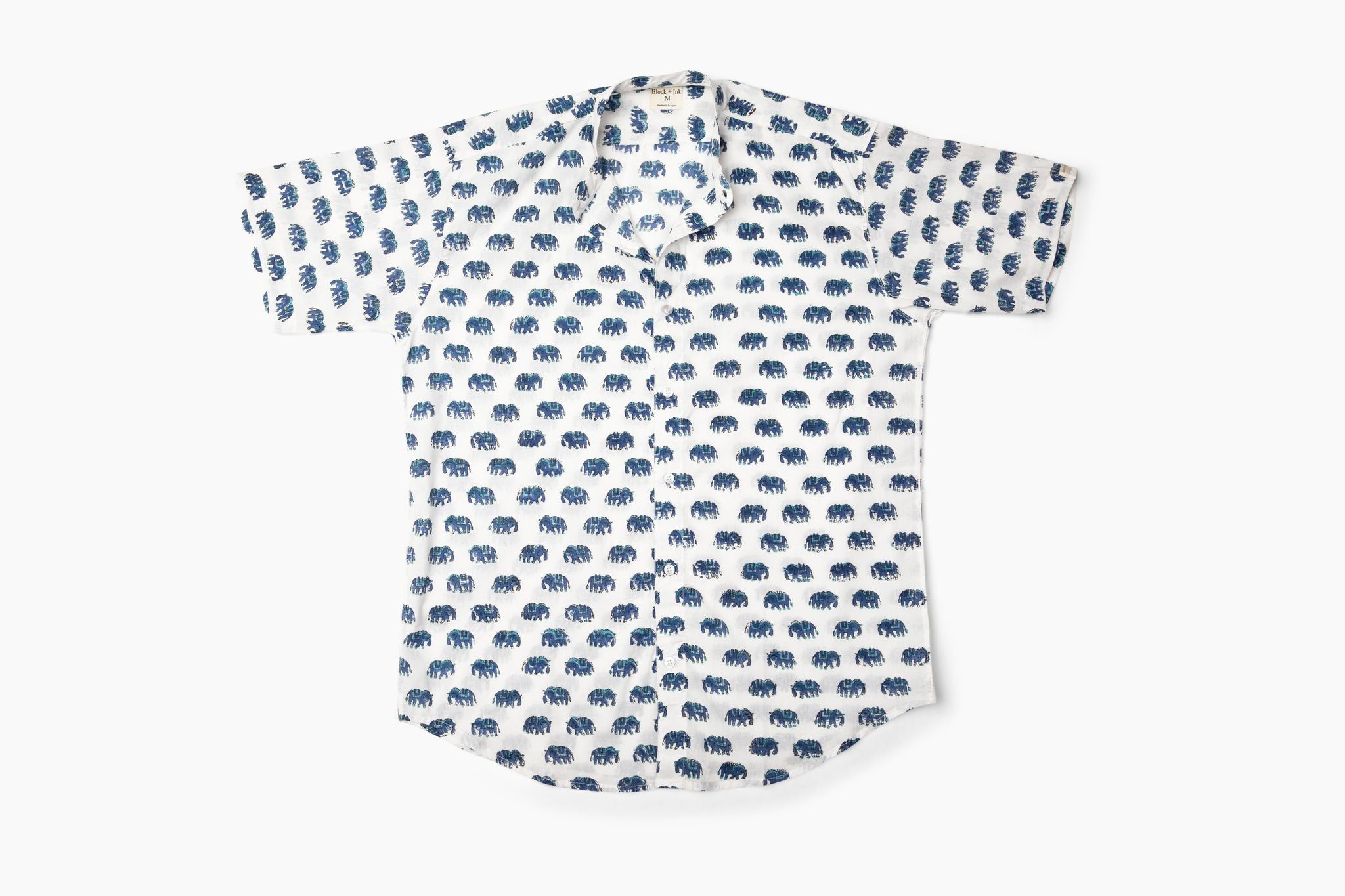 Buy A Blue Elephant Print Mandarin Collar Shirt | Block + Ink S